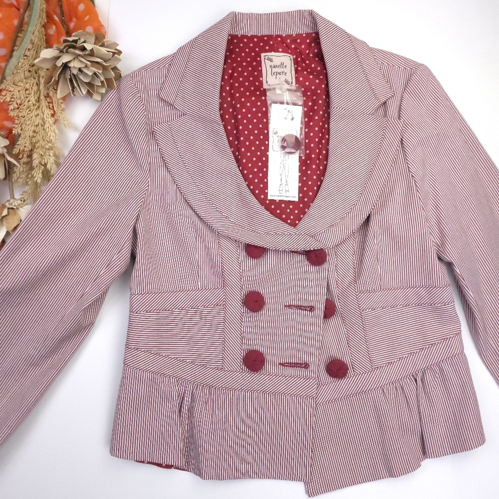 New Nanette Lepor Red Striped Double-Breasted Designer Blazer Sz 10 - Picture 12 of 12